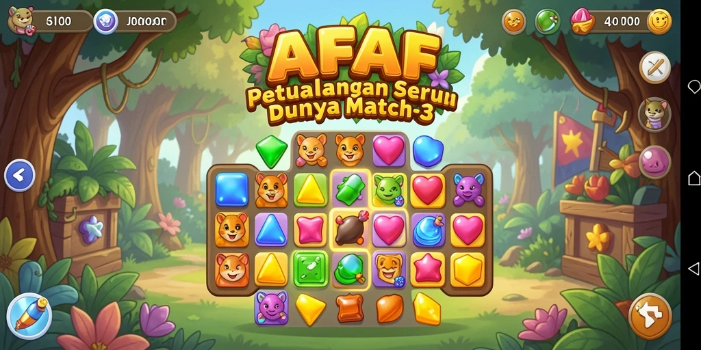 Screenshot gameplay AFAF dengan kombinasi colorful Match-3.