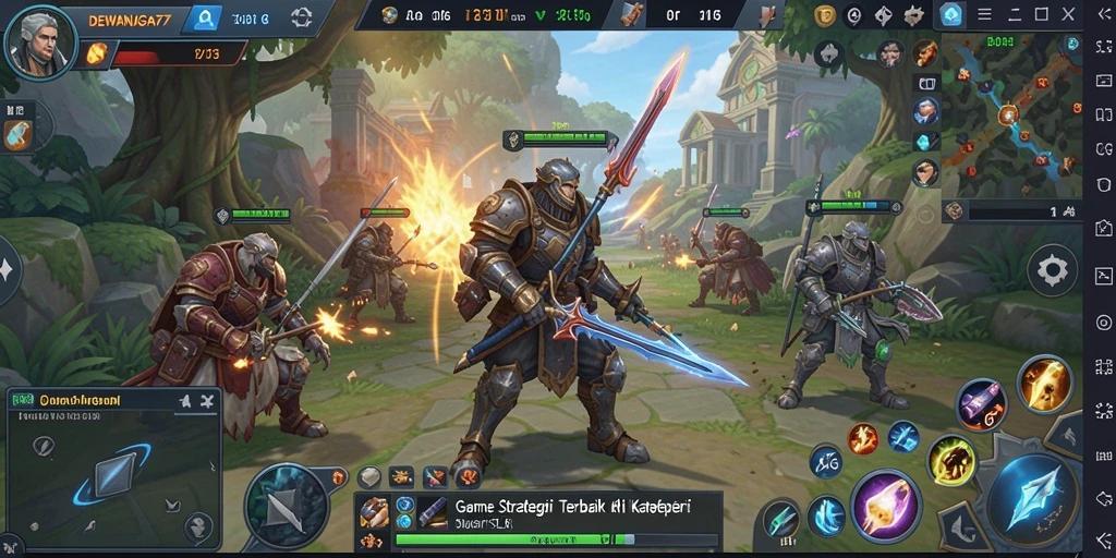 Screenshot gameplay <strong>DEWANAGA77</strong> menampilkan pertempuran seru dan pembangunan kota.